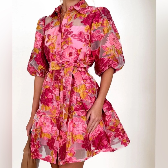YH & CO PINK FLORAL MINI DRESS WITH PUFFY SLEEVES. SIZE 14/XL - Picture 5 of 16